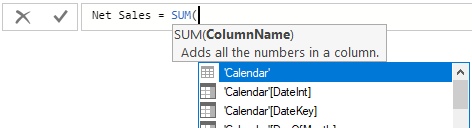 Captura de pantalla de la elección de columnas para la fórmula SUM.