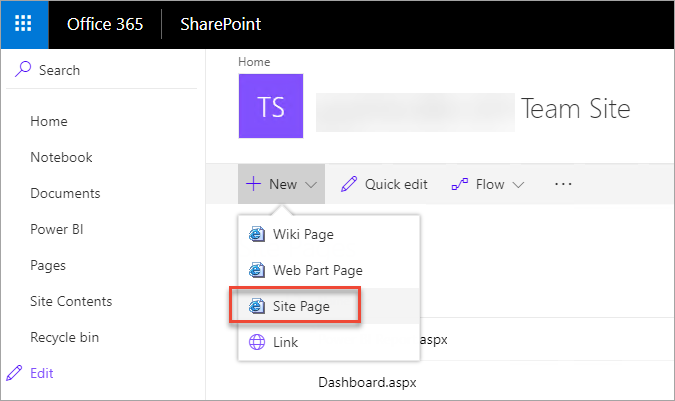 Captura de pantalla de la ventana de SharePoint. Las páginas se resaltan en el panel de navegación. La página del sitio está seleccionada.
