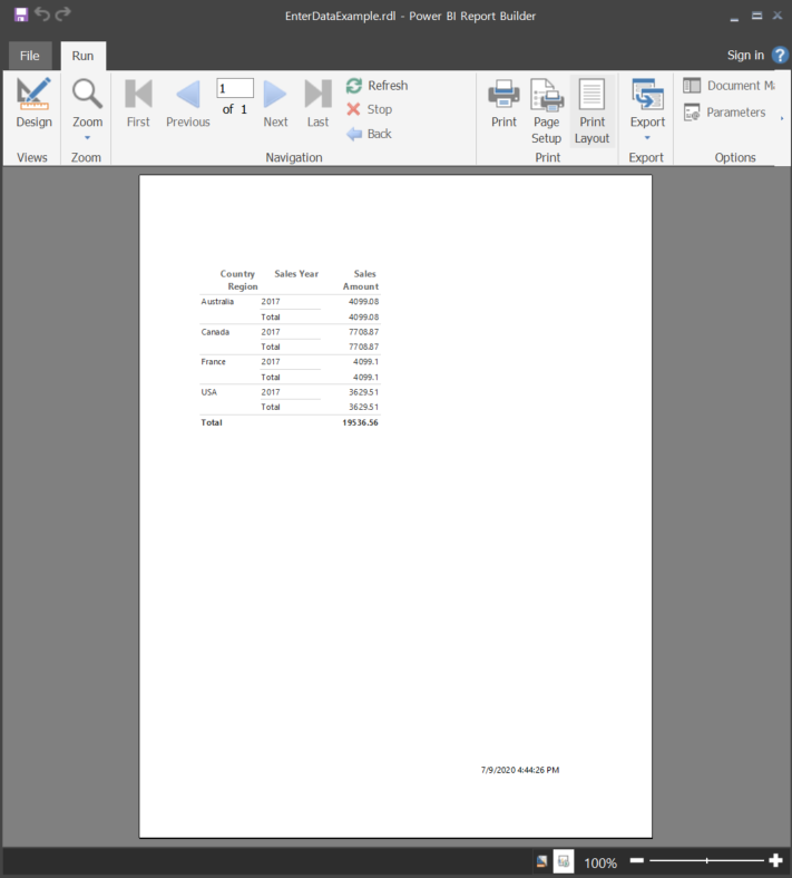 Captura de pantalla del informe en la vista Diseño de impresión.