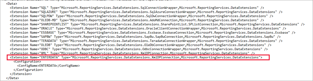 Captura de pantalla del archivo de configuración de Report Server.