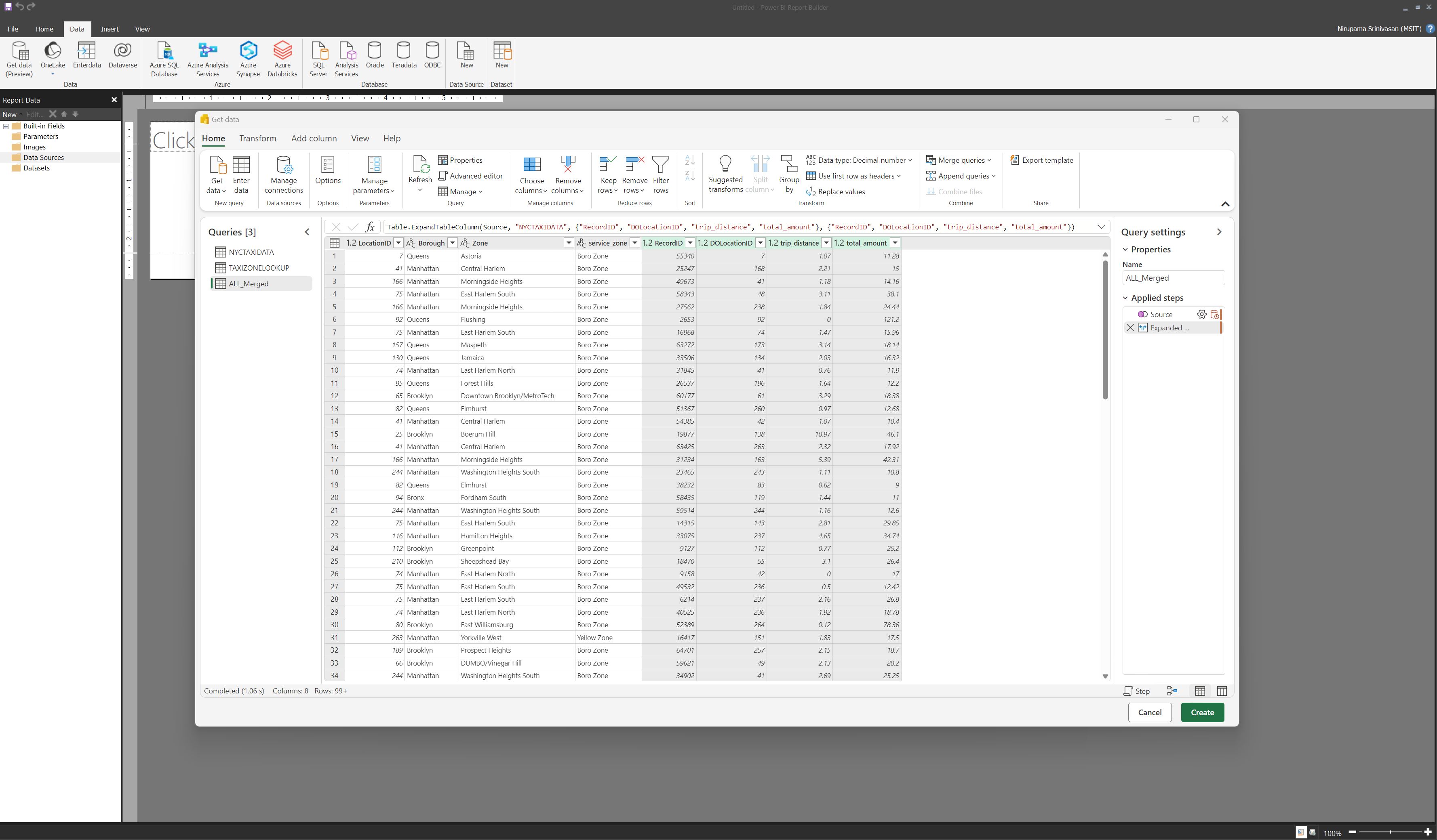 Captura de pantalla que muestra una nueva tabla combinada.