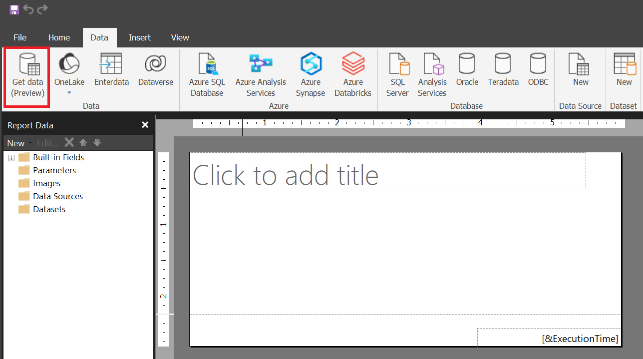 Captura de pantalla que muestra la selección de Obtener datos en la barra de herramientas.