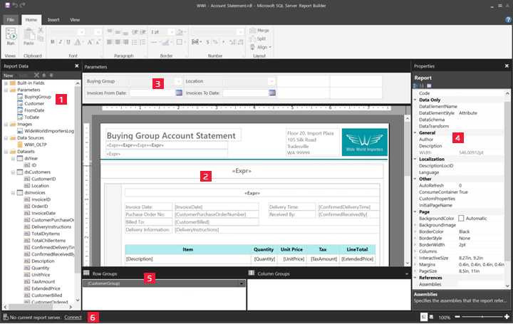 Captura de pantalla de la vista de diseño de informe de Report Builder