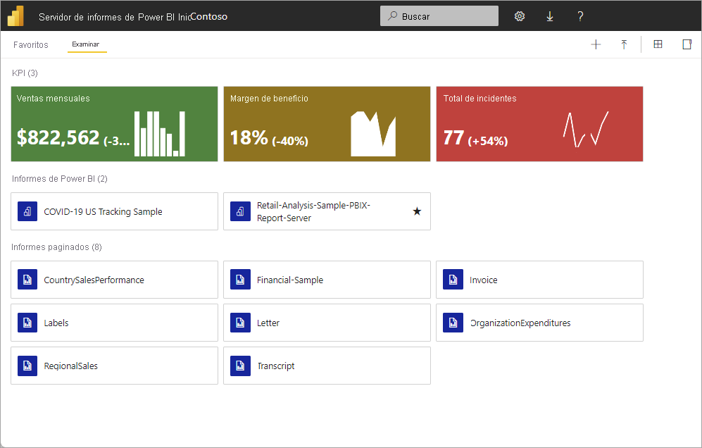 La captura de pantalla muestra el portal web de Power BI Report Server.