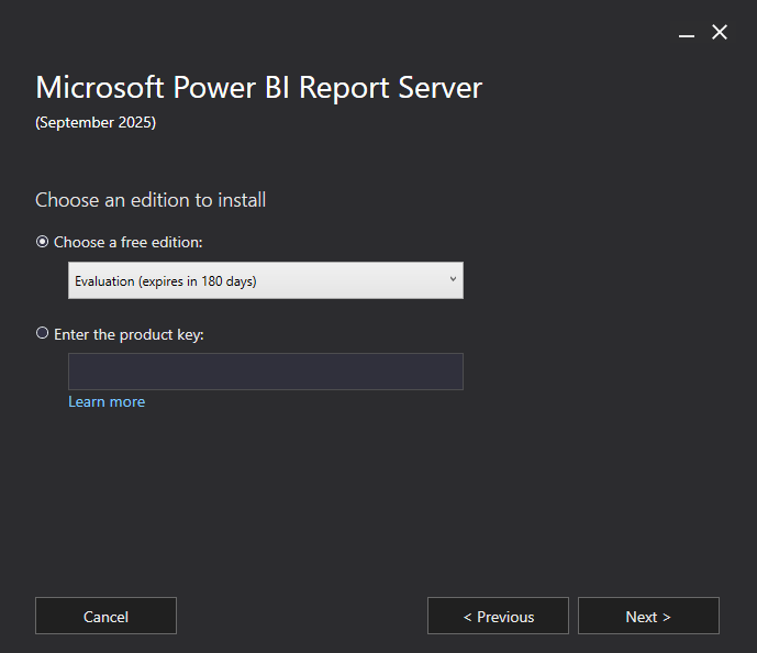 Captura de pantalla de la página Elegir una edición para instalar en el instalador del servidor de informes de Power BI. Se selecciona la opción para instalar una edición gratuita.