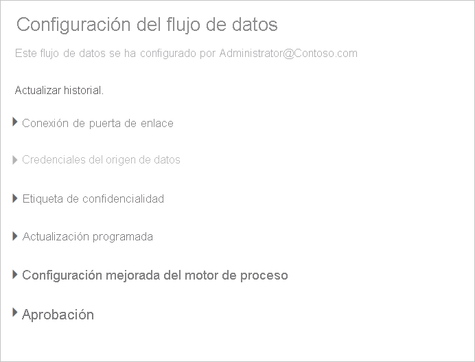 Captura de pantalla de la página Configuración de un flujo de datos después de seleccionar Configuración en la lista desplegable del flujo de datos.