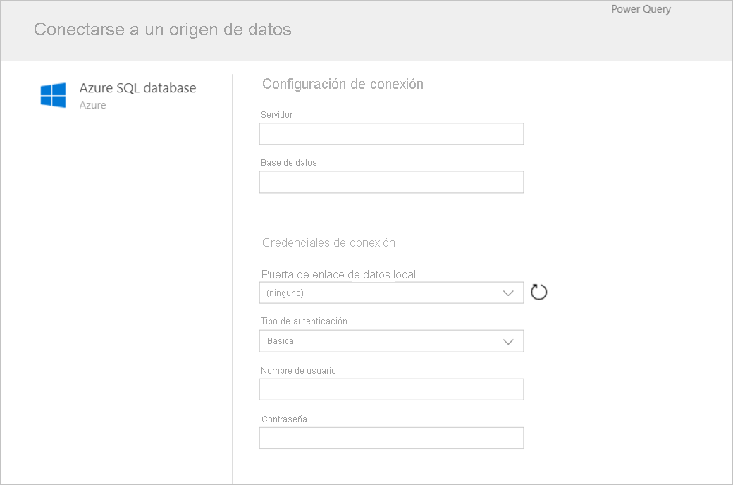 Captura de pantalla del formulario que se muestra después de elegir Azure SQL como conector.
