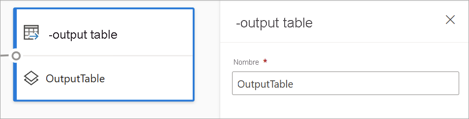 Screenshot that shows the output table card and output table configuration pane.