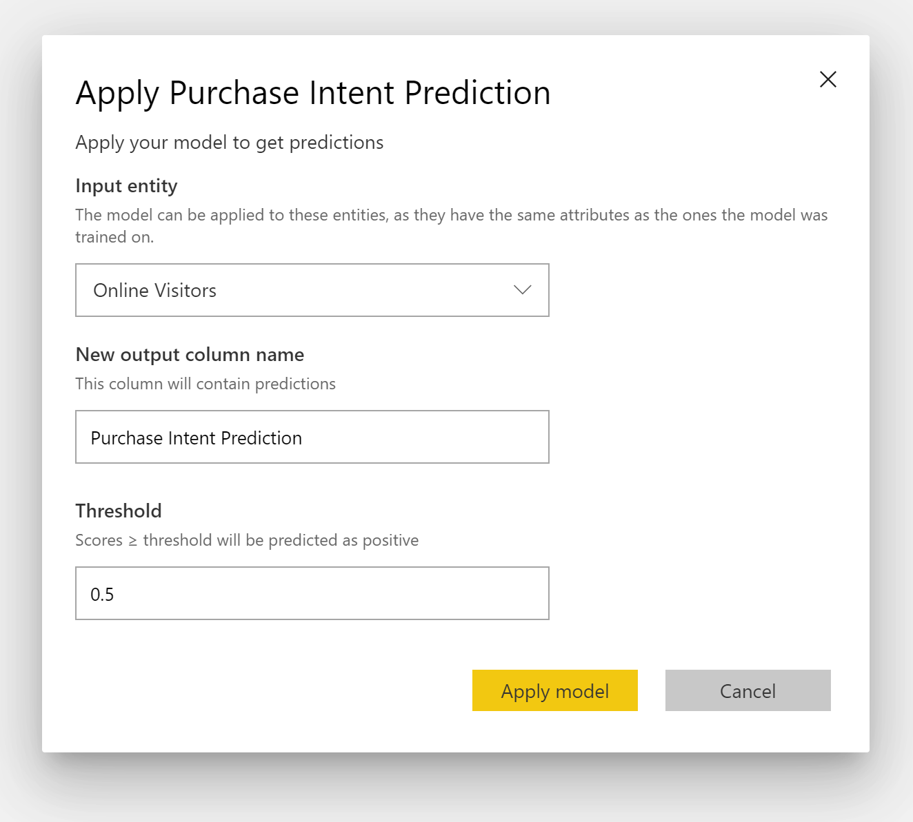 Screenshot of the Apply Purchase Intent Prediction dialog box.