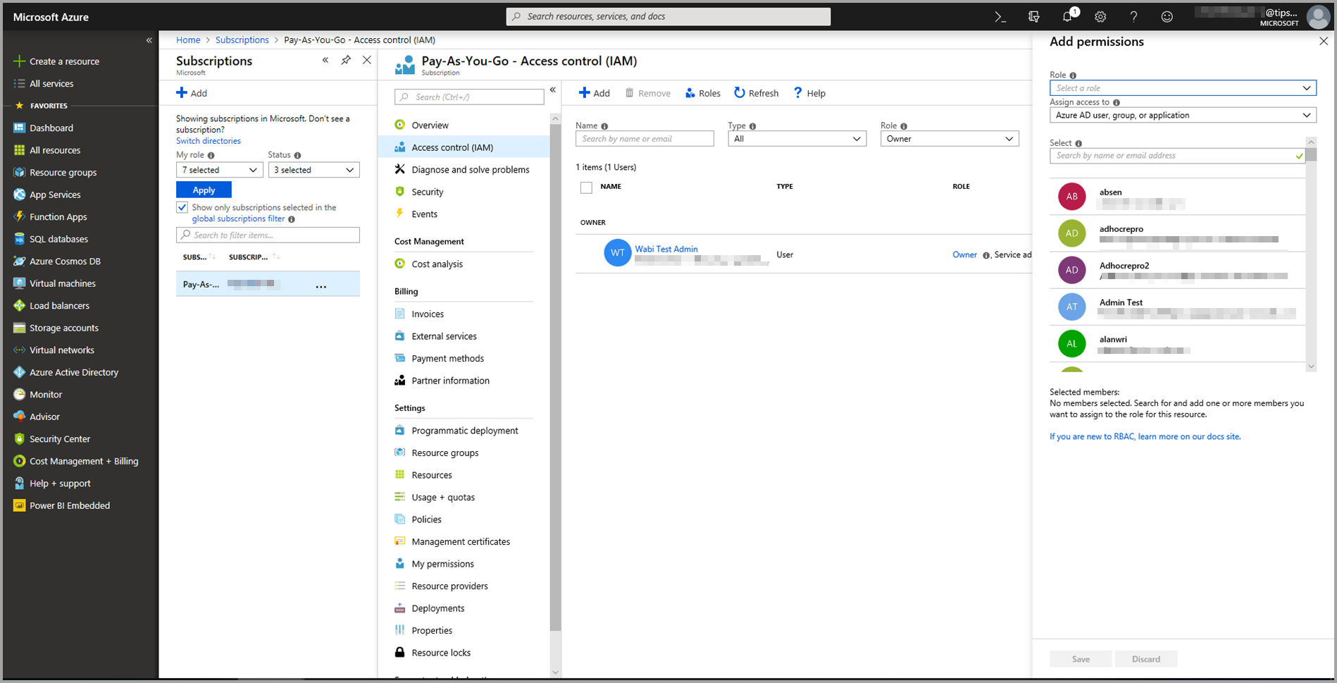 Screenshot of the Access Control (IAM) tab for an Azure subscription.