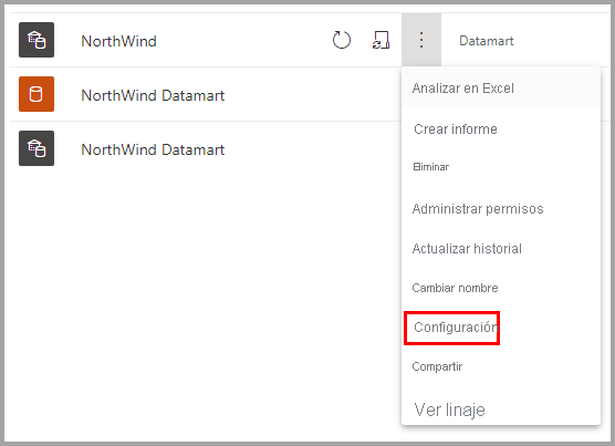 Screenshot of the datamart context menu with settings selected.