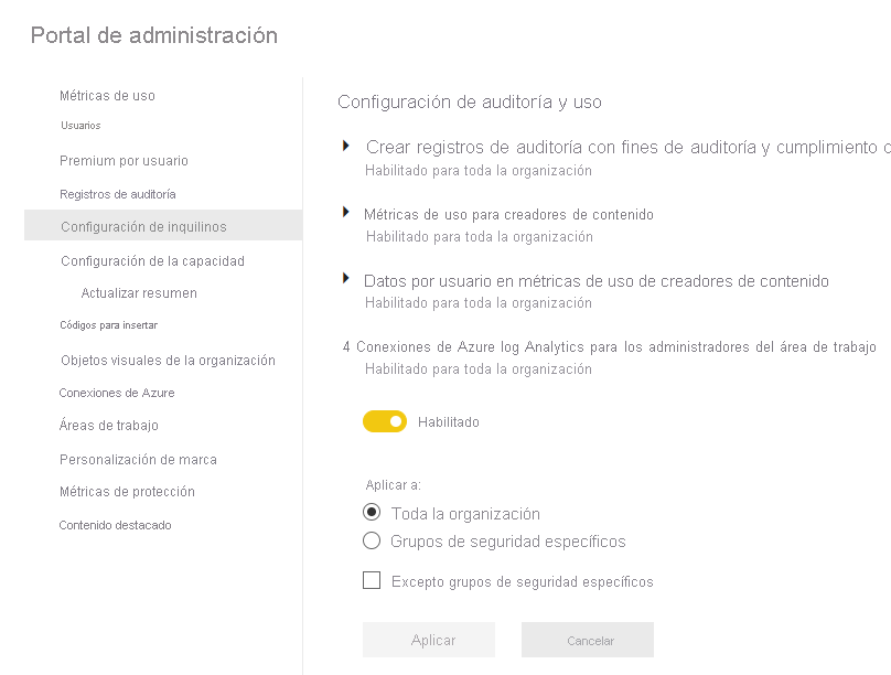  Captura de pantalla de la configuración del inquilino en el portal de administrador. Las conexiones de Azure Log Analytics para los administradores del área de trabajo se expanden y habilitan.