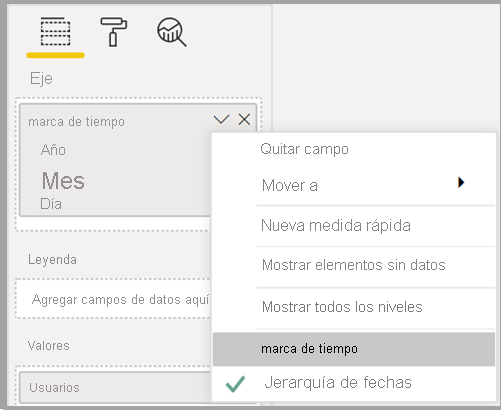 Captura de pantalla de la configuración de la jerarquía de fechas.