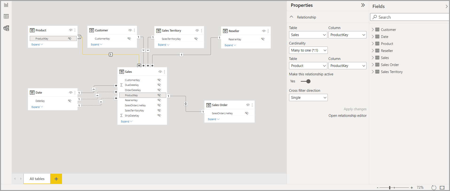 Screenshot of adjusting relationships in the properties pane.