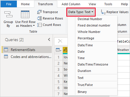 Captura de pantalla del Editor de Power Query, en la que se muestra la selección desplegable Tipo de datos.