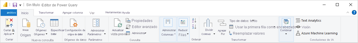 Captura de pantalla de Power BI Desktop que muestra la cinta de opciones de consulta Editor de Power Query.