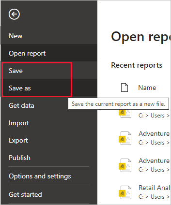  Screenshot of Power BI Desktop showing the Power Query Editor File tab. The save and save as options highlighted.