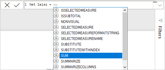 Captura de pantalla de SUM elegida de una lista en la barra de fórmulas.