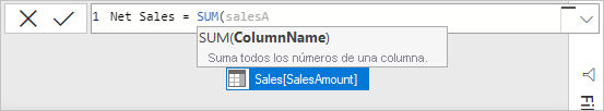 Captura de pantalla de la selección de SalesAmount para la fórmula SUM.