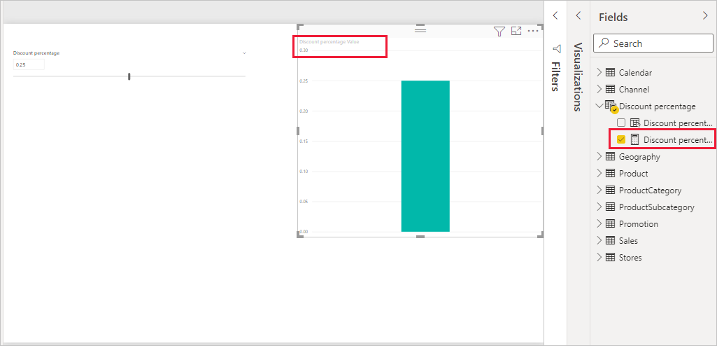 Screenshot of the parameter measure and visual highlighted in Power BI Desktop.