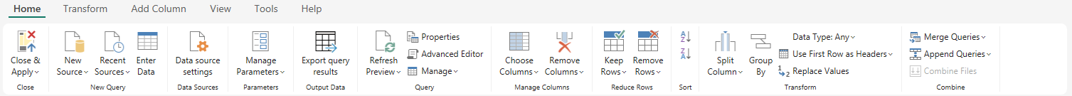 Cinta del editor de Power Query con exportar resultados de consulta habilitados
