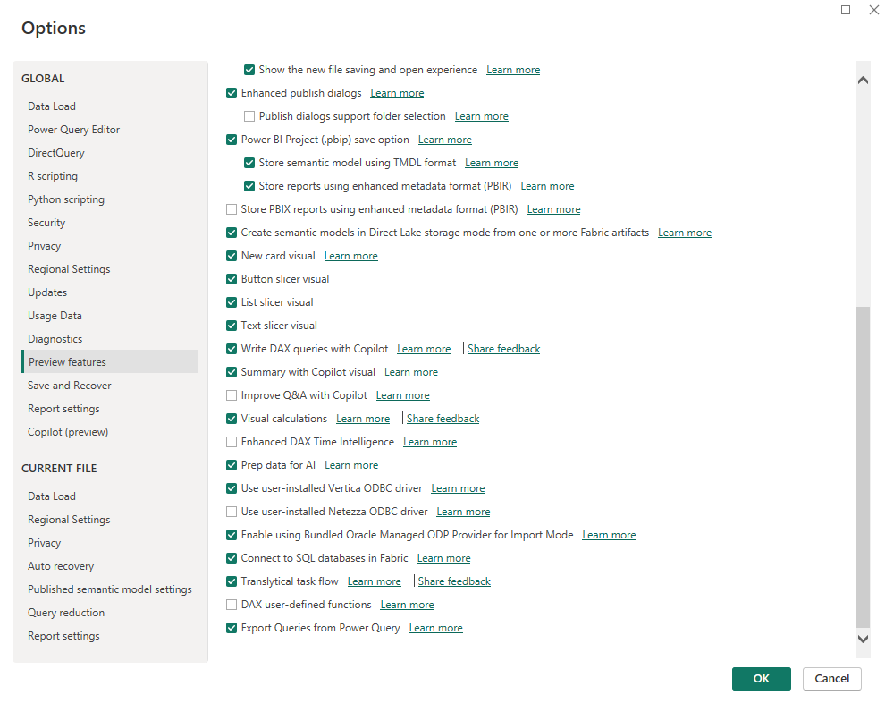 Menú Opciones de Power BI Desktop con exportar consultas habilitadas