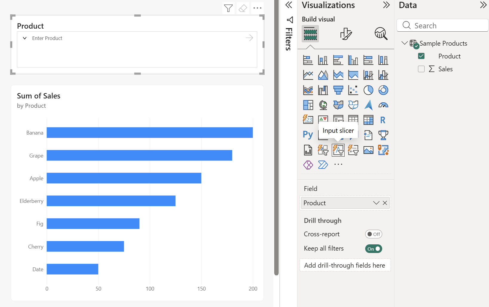 Captura de pantalla que muestra un segmentador de entrada y un gráfico de barras con los datos de Productos de muestra.