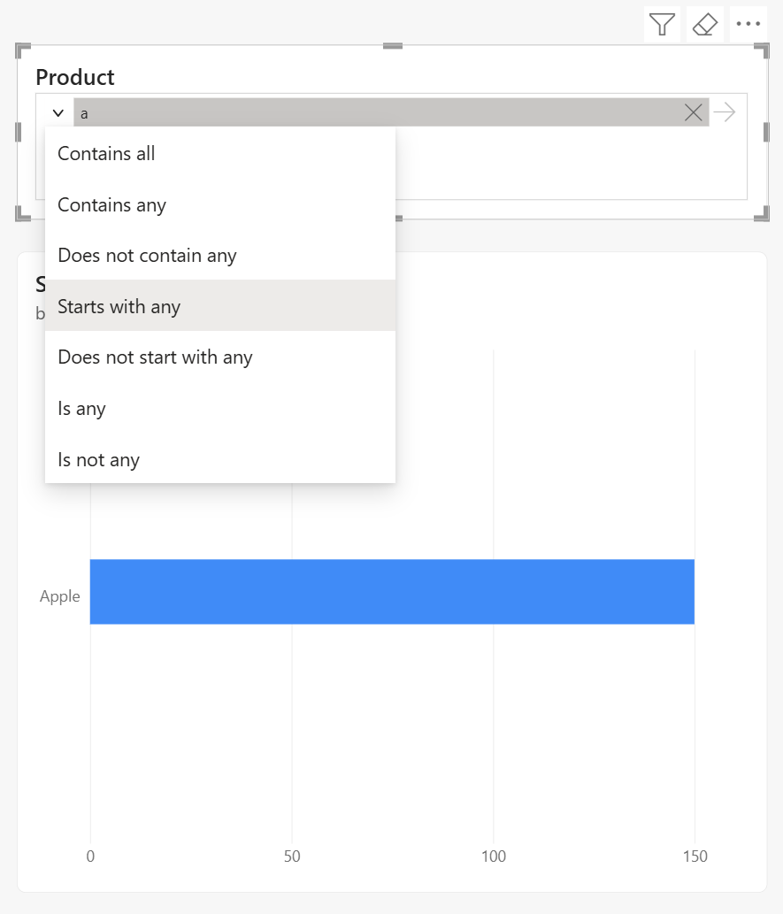Captura de pantalla que muestra la lista desplegable del operador de filtro con opciones como Contains all, Contains any y Starts with any.