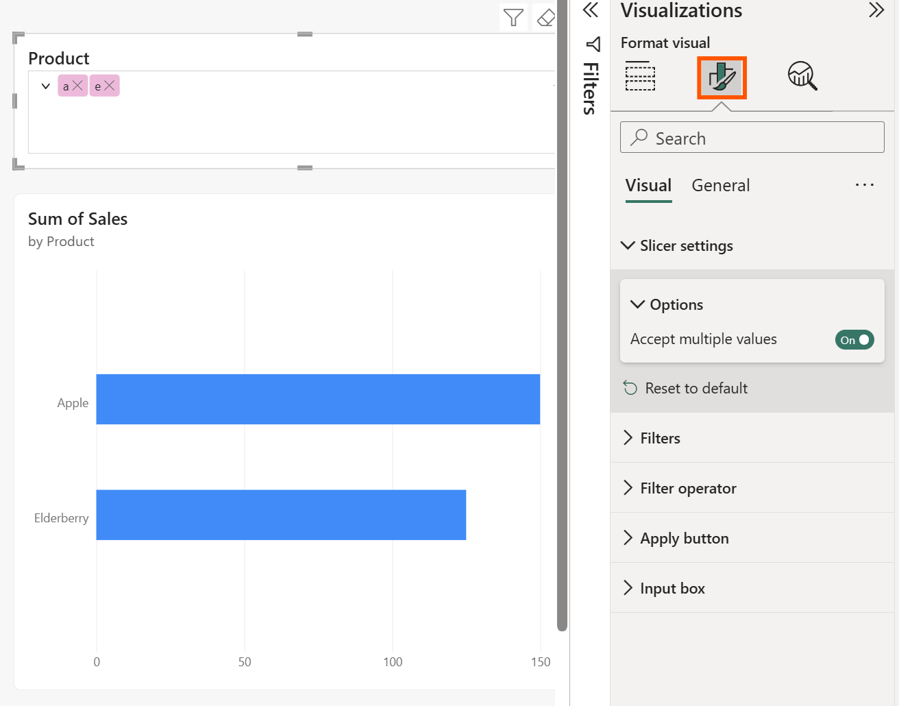 Captura de pantalla que muestra el panel de formato con opciones de configuración de Slicer, incluida la aceptación de varios valores.