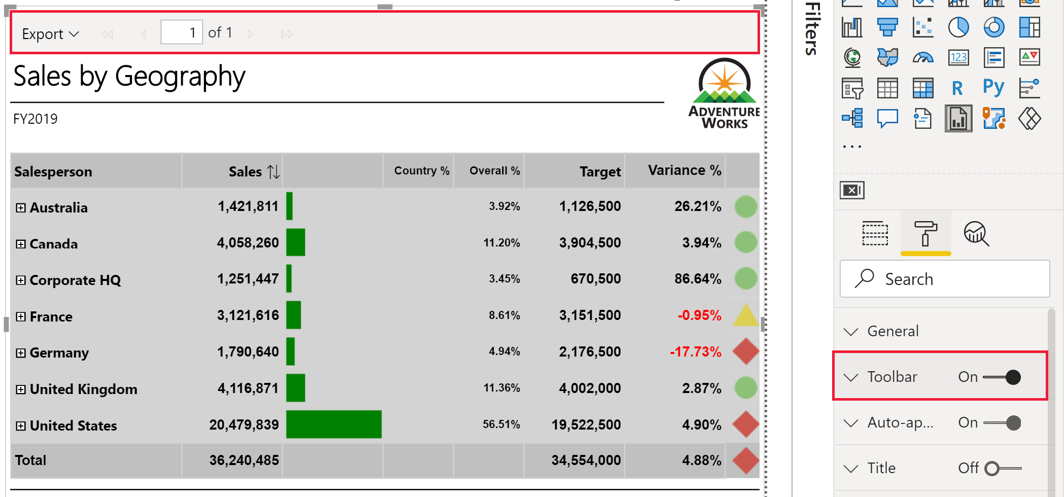 Screenshot of Export option on the paginated report toolbar.