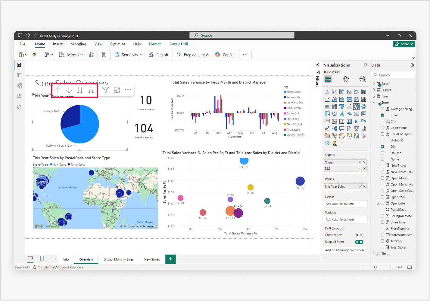 Captura de pantalla de Power BI en la que se muestra el gráfico circular con cuatro iconos de exploración.