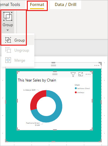 Screenshot showing the visual and shape with the context menu open and the Group option selected.