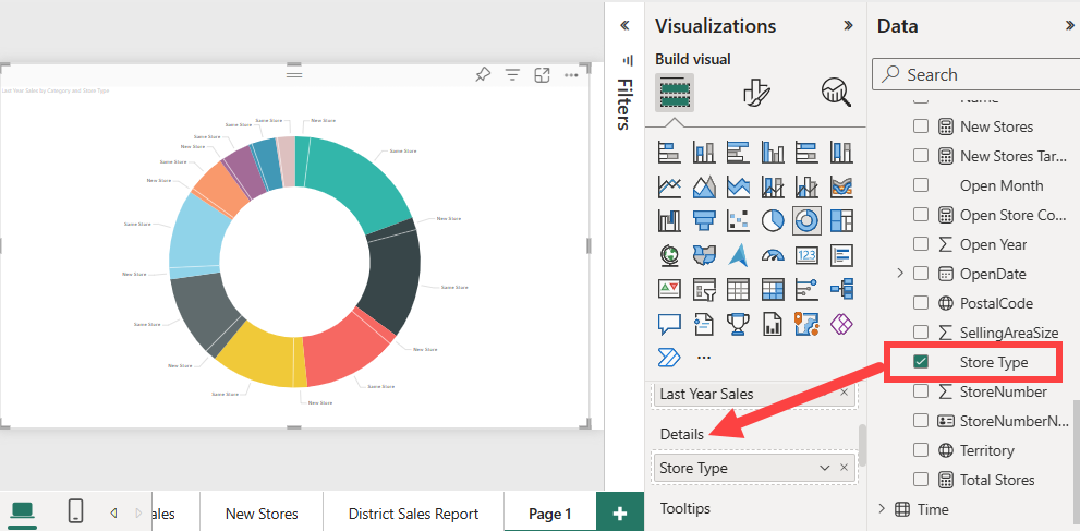 Screenshot that shows a doughnut chart with Details next to the Data pane.