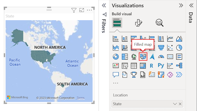 Screenshot that shows how to convert the visual to a filled map in Power BI Desktop.