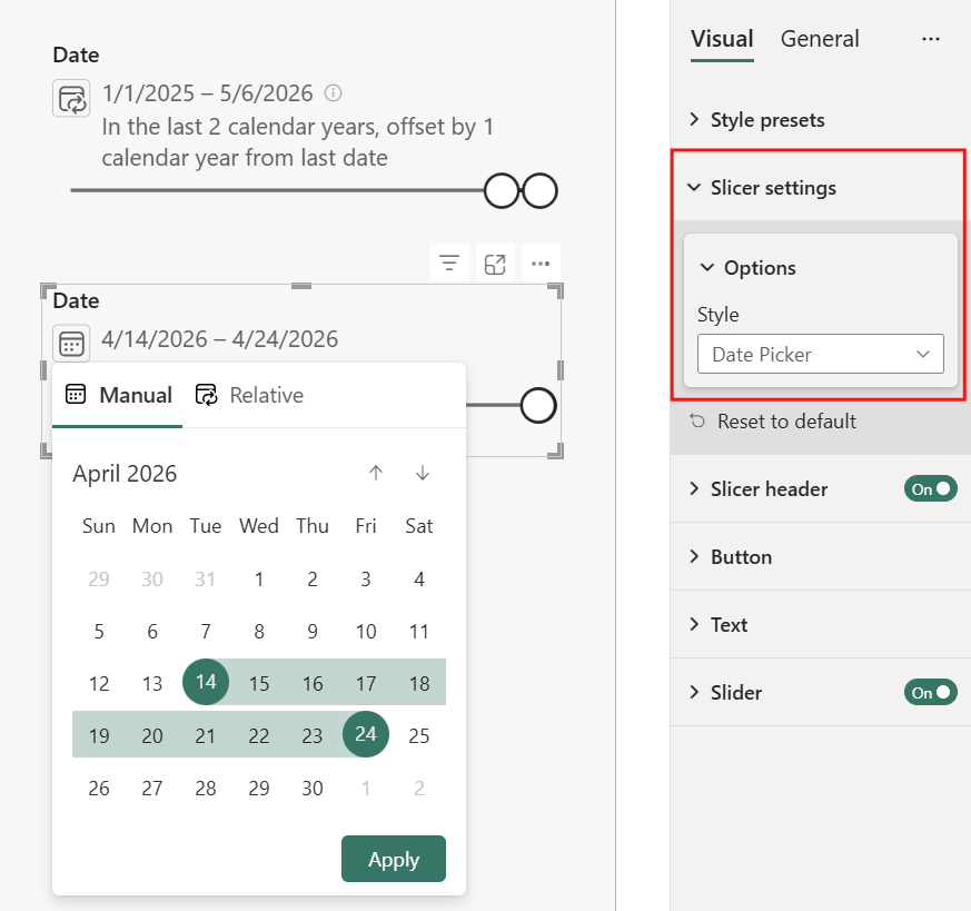 Captura de pantalla de una segmentación de datos con selector de fecha que muestra opciones de fecha relativa y un calendario para seleccionar fechas manualmente.