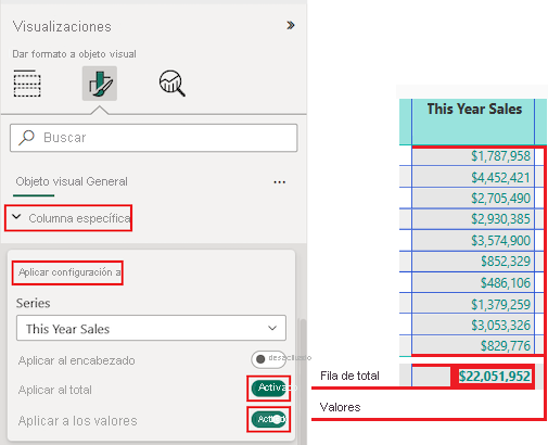 Screenshot that shows how to set the Apply settings options to use the formatting changes on the column header, the total row, and all values.