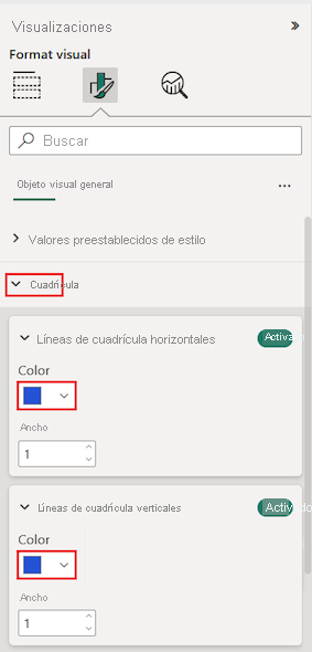 Screenshot that shows table grid options in the Format section of the Visualizations pane.