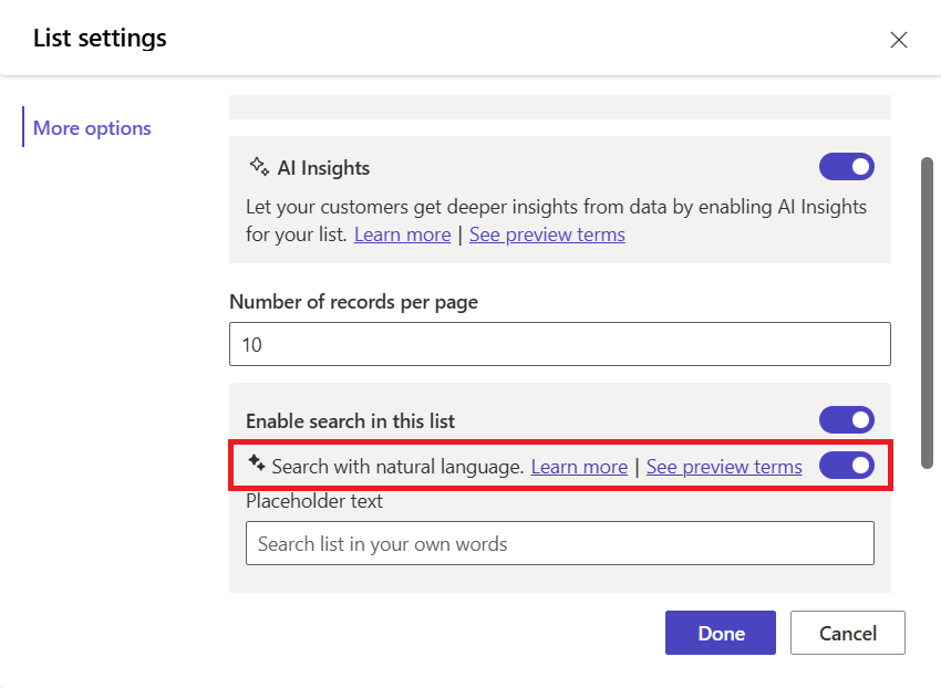 Captura de pantalla de los ajustes de la lista en la pestaña **Más opciones**.