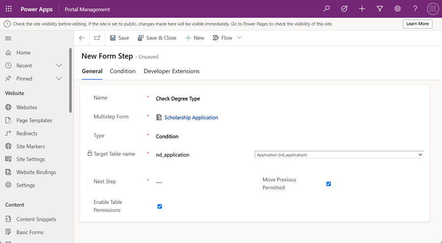 Establecer configuraciones para un paso de formulario multipaso de tipo condición.