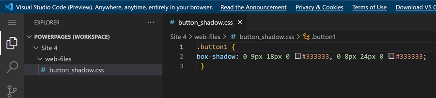 Edite el archivo CSS en Visual Studio Code para la Web.