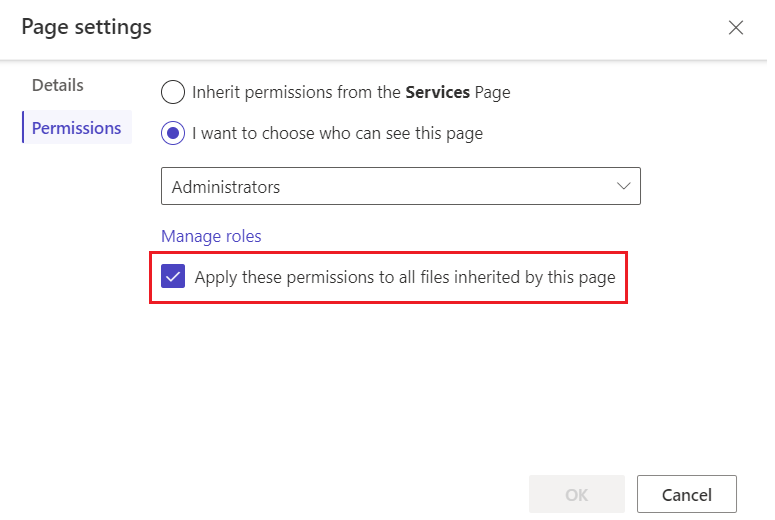 Captura de pantalla de los permisos de la página, con la configuración Heredar permisos para archivos resaltada.