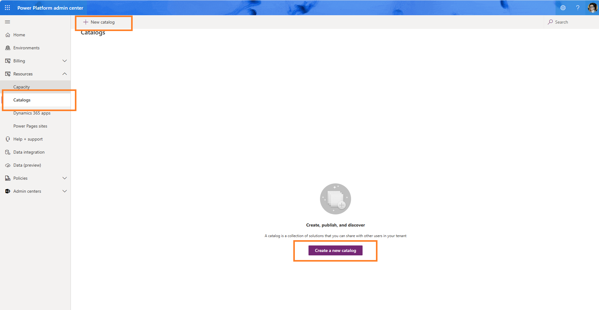 Catálogo en el centro de administración de Power Platform