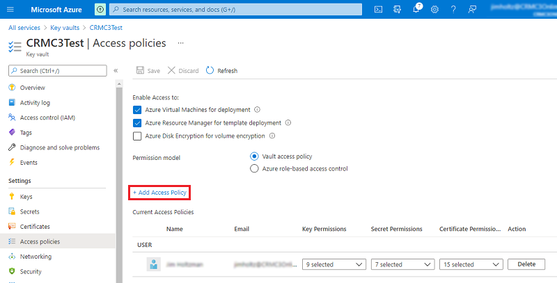 Captura de pantalla de la directiva de acceso de Azure Key Vault Add seleccionada.