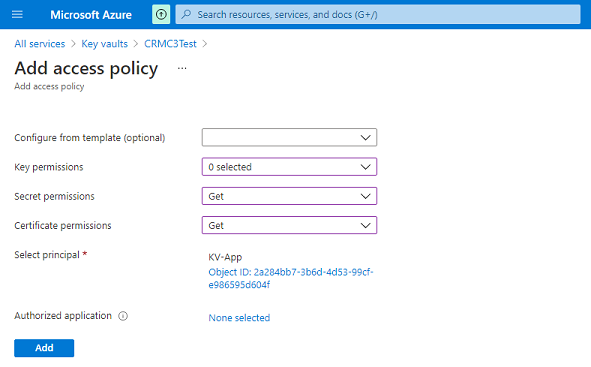 Captura de pantalla de la configuración de permisos para la política de acceso en Key Vault.