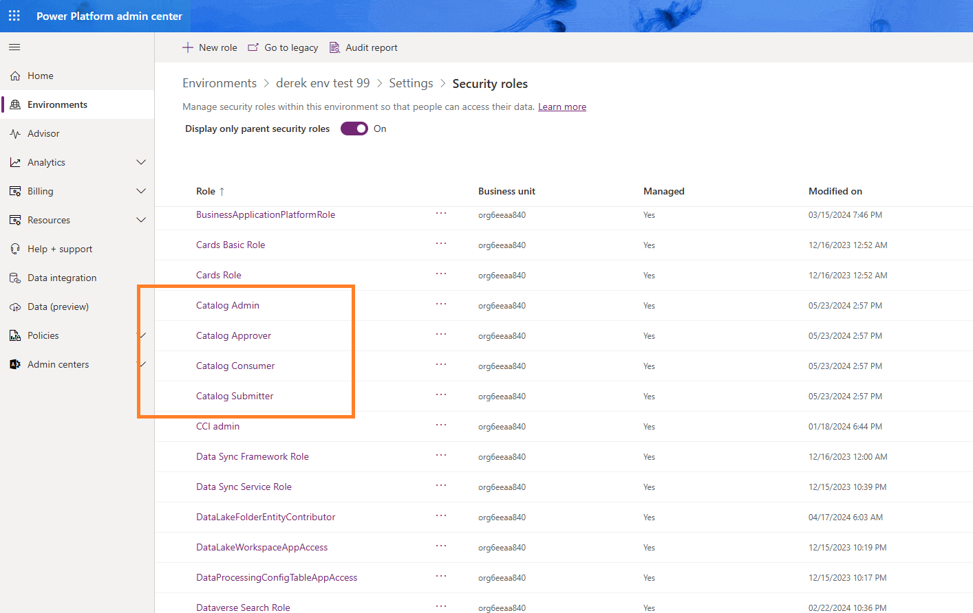 Catálogo de roles de seguridad
