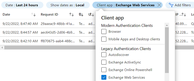 Seleccione Agregar filtros con la aplicación Cliente = Servicios web de Exchange
