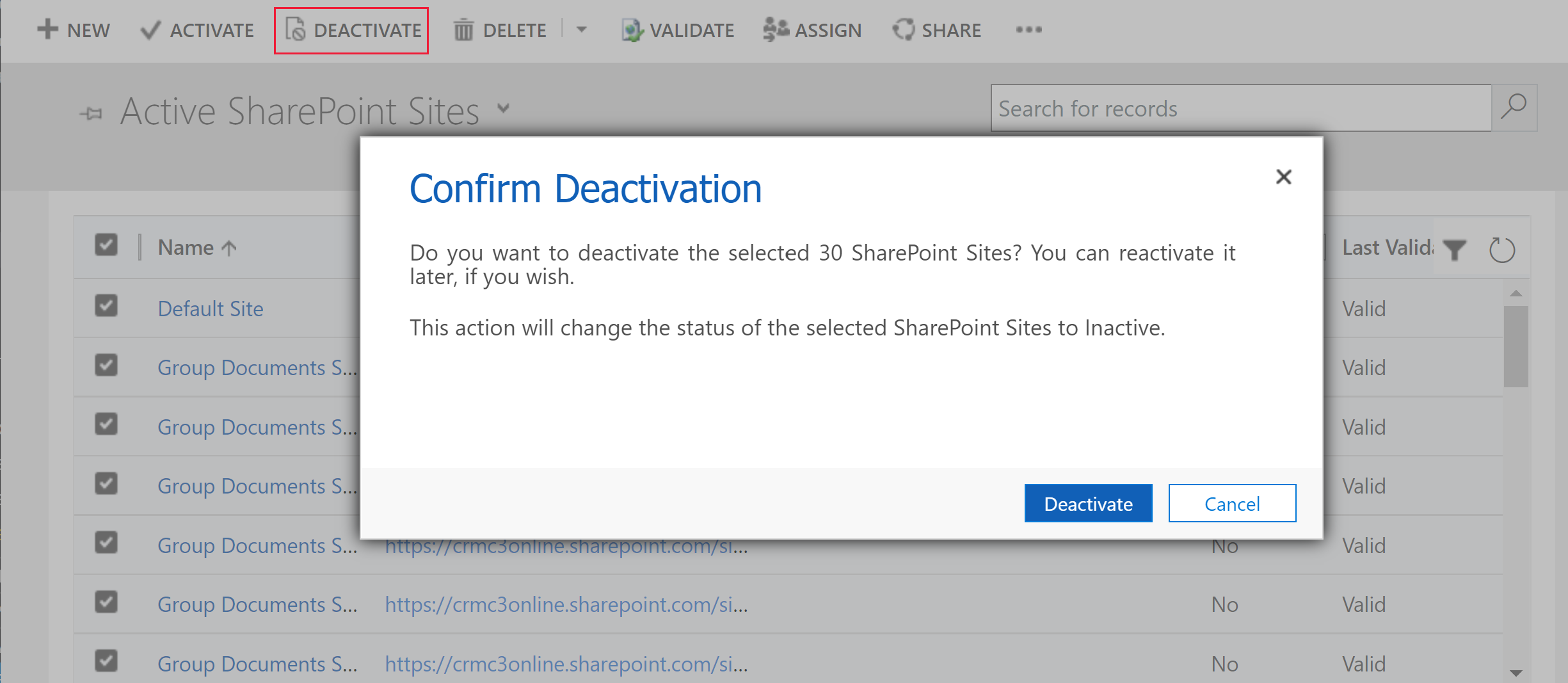 Desactivar todos los sitios de SharePoint