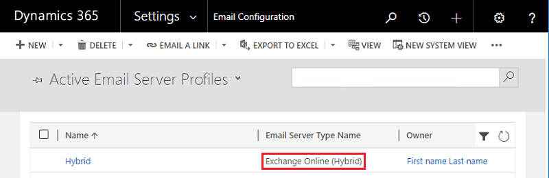 Configuración de correo electrónico, perfil de servidor de correo electrónico activo: Exchange Online híbrido
