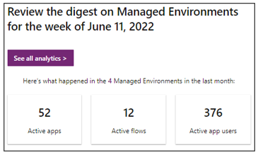 Captura de pantalla de la primera sección de un resumen semanal de entornos administrados