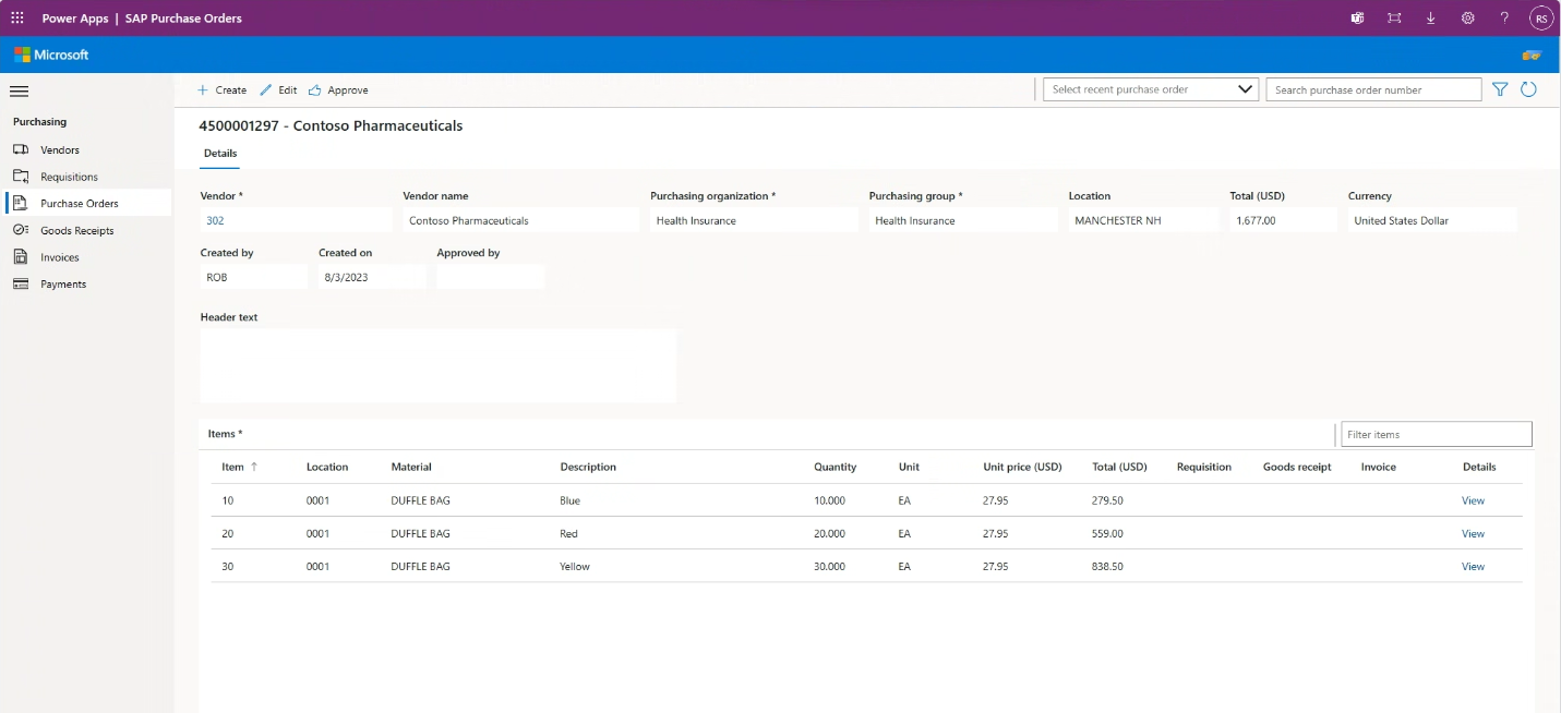 Imagen de la aplicación de pedidos de compra SAP Procurement de Microsoft para Power Platform.